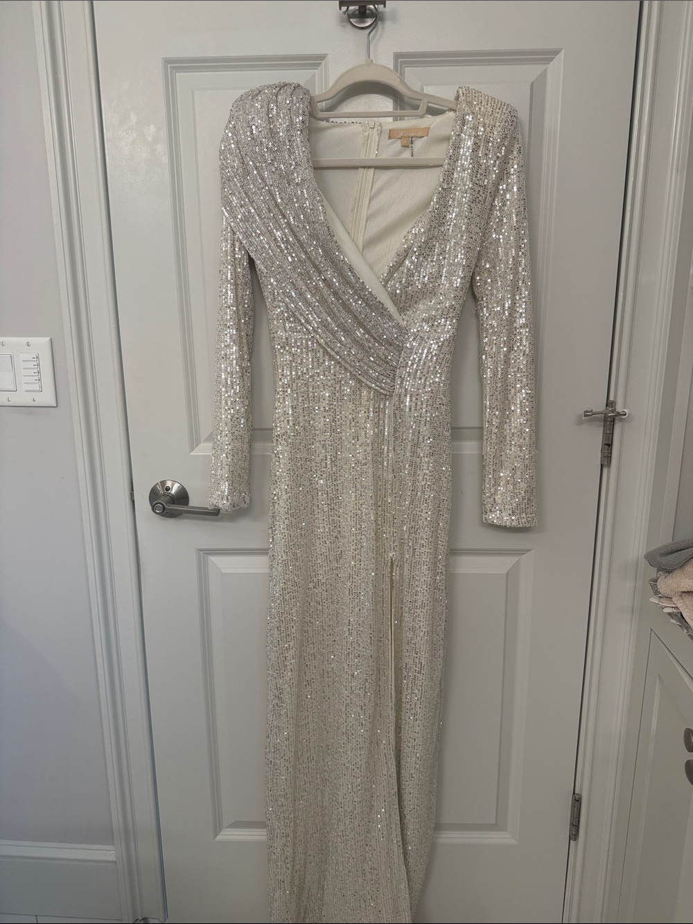 Sequin V-Neck Long Sleeve Evening Dress - Silver